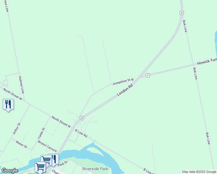 map of restaurants, bars, coffee shops, grocery stores, and more near 719 Josephine Street North in Wingham