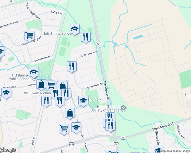 map of restaurants, bars, coffee shops, grocery stores, and more near 69 Bilbermar Drive in Richmond Hill