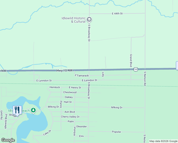map of restaurants, bars, coffee shops, grocery stores, and more near South Broadway Street in Idlewild