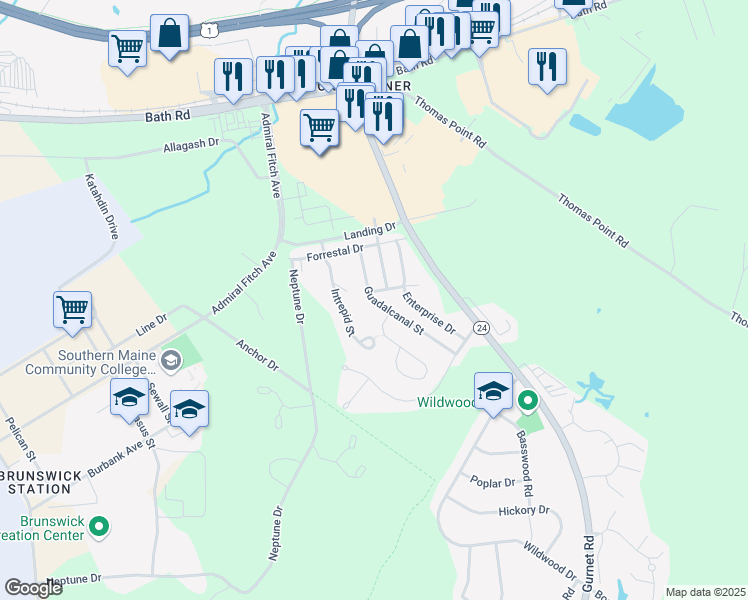 map of restaurants, bars, coffee shops, grocery stores, and more near 36 Guadalcanal Street in Brunswick