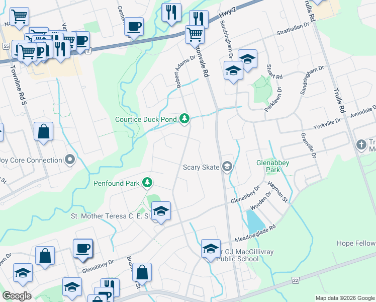 map of restaurants, bars, coffee shops, grocery stores, and more near 95 Robert Adams Drive in Courtice