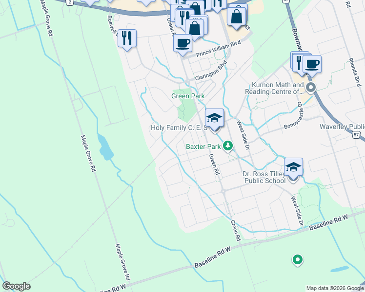 map of restaurants, bars, coffee shops, grocery stores, and more near 36 Farmstead Drive in Clarington
