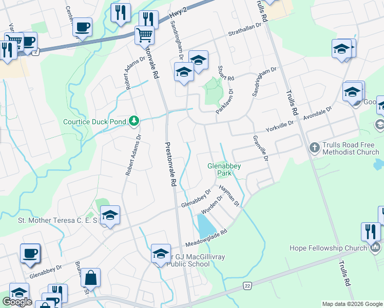 map of restaurants, bars, coffee shops, grocery stores, and more near 90 Oke Road in Courtice