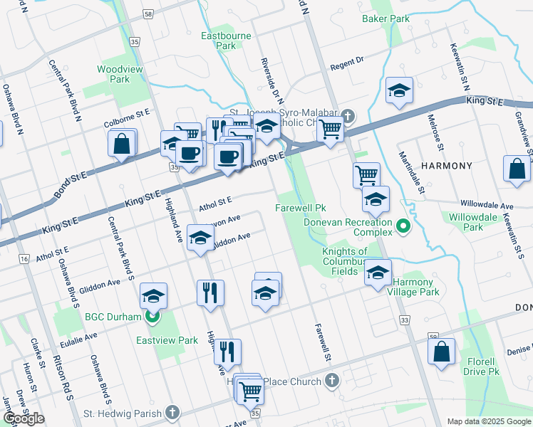 map of restaurants, bars, coffee shops, grocery stores, and more near 101 Guelph Street in Oshawa