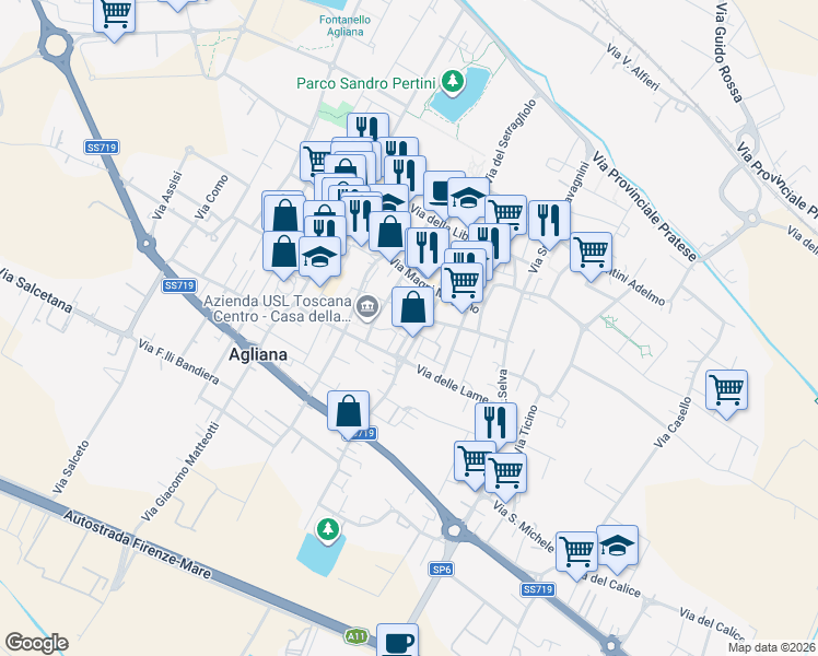 map of restaurants, bars, coffee shops, grocery stores, and more near 92 Via Travetta in Agliana