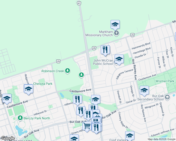 map of restaurants, bars, coffee shops, grocery stores, and more near 9918 McCowan Road in Markham