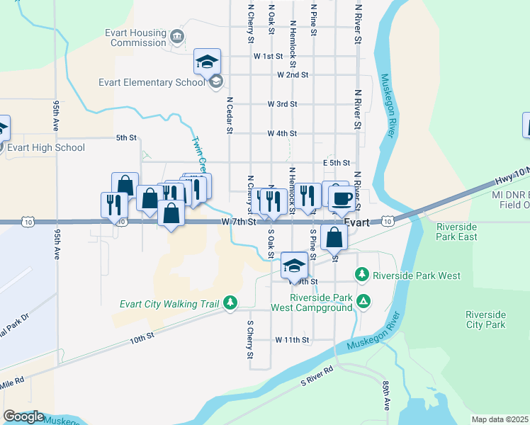 map of restaurants, bars, coffee shops, grocery stores, and more near 313 West 7th Street in Evart