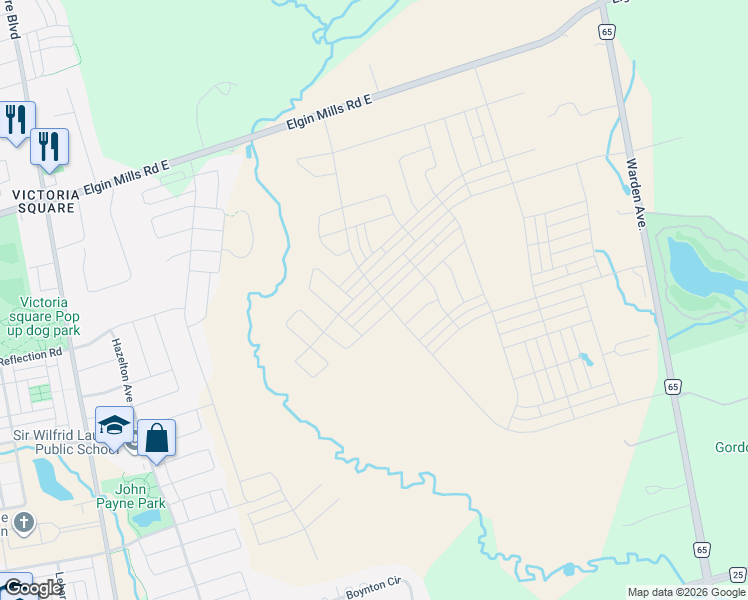 map of restaurants, bars, coffee shops, grocery stores, and more near 34 Avani Avenue in Markham