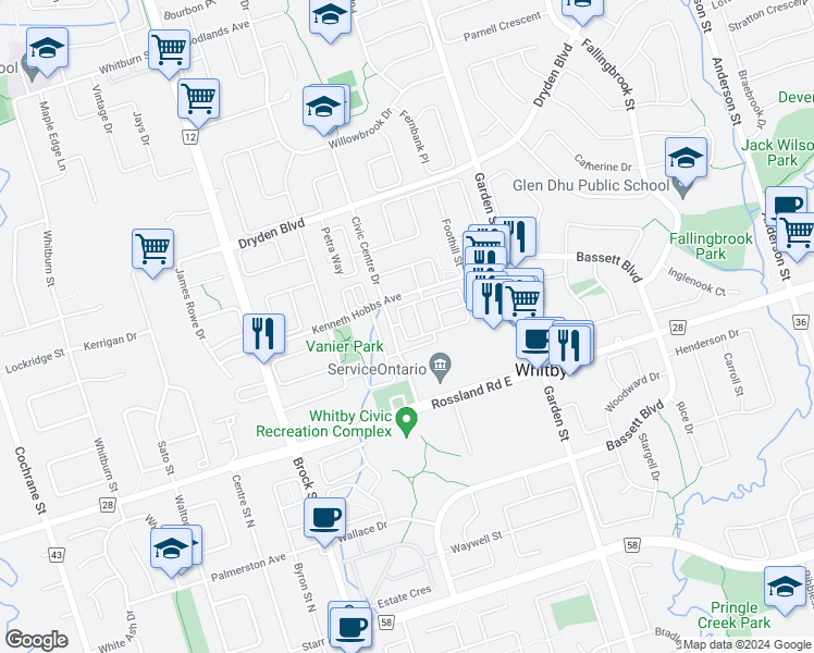 map of restaurants, bars, coffee shops, grocery stores, and more near 17 Wicker Park Way in Whitby