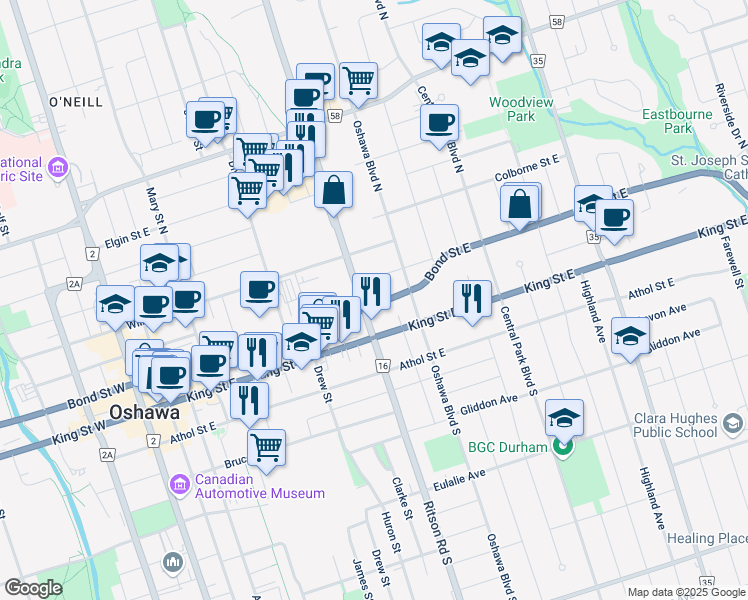 map of restaurants, bars, coffee shops, grocery stores, and more near 272 King Street East in Oshawa