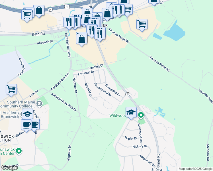 map of restaurants, bars, coffee shops, grocery stores, and more near 9 Enterprise Drive in Brunswick