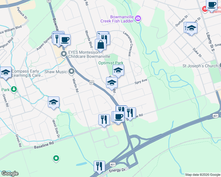 map of restaurants, bars, coffee shops, grocery stores, and more near 129 Waverley Road in Bowmanville