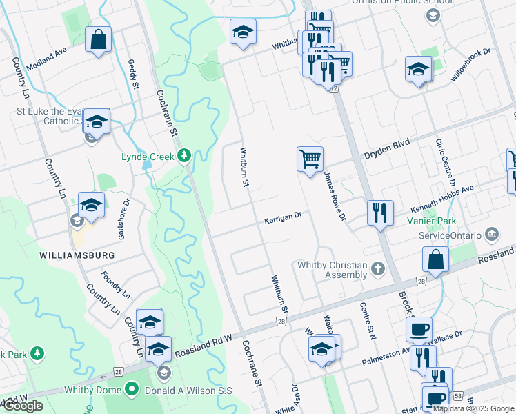 map of restaurants, bars, coffee shops, grocery stores, and more near 1 Kapuscinski Court in Whitby