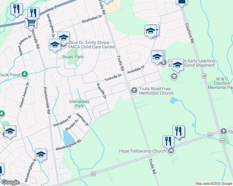 map of restaurants, bars, coffee shops, grocery stores, and more near Wade Square in Courtice