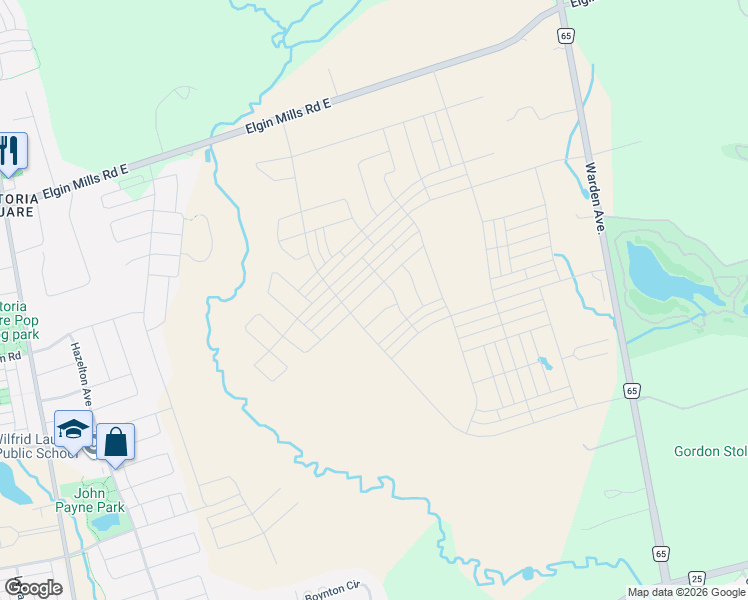 map of restaurants, bars, coffee shops, grocery stores, and more near 79 Azure Drive in Markham