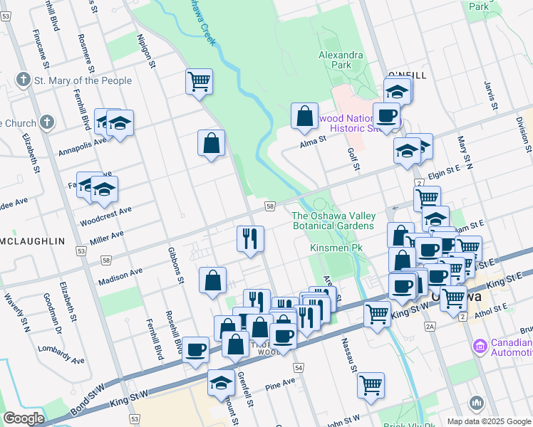 map of restaurants, bars, coffee shops, grocery stores, and more near 239 Adelaide Avenue West in Oshawa