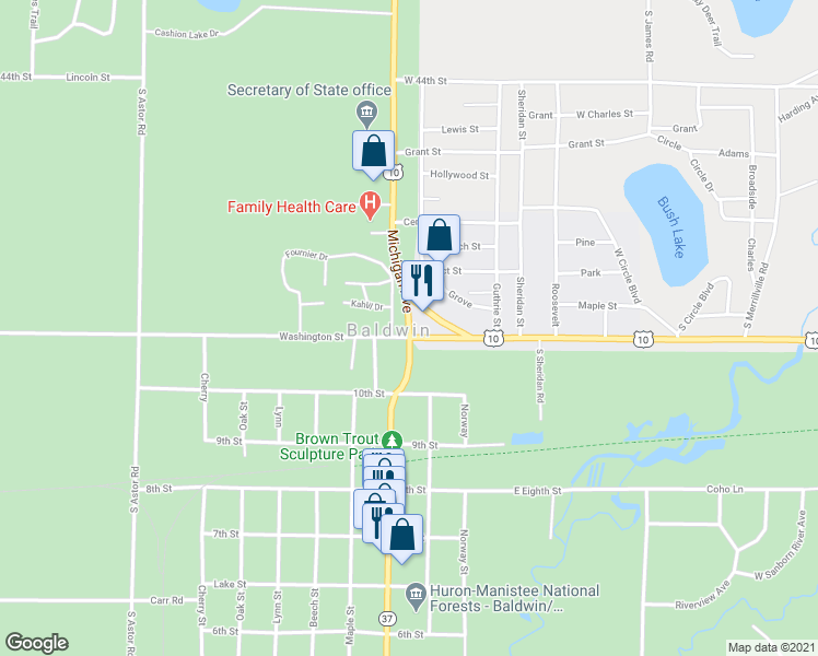 map of restaurants, bars, coffee shops, grocery stores, and more near Michigan 37 in Baldwin