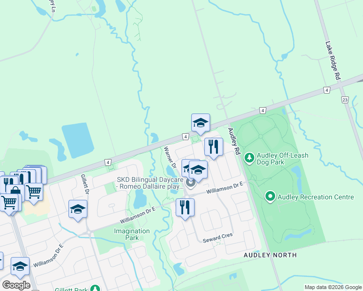 map of restaurants, bars, coffee shops, grocery stores, and more near 30 Tansley Crescent in Ajax