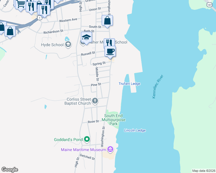 map of restaurants, bars, coffee shops, grocery stores, and more near 424 Washington Street in Bath
