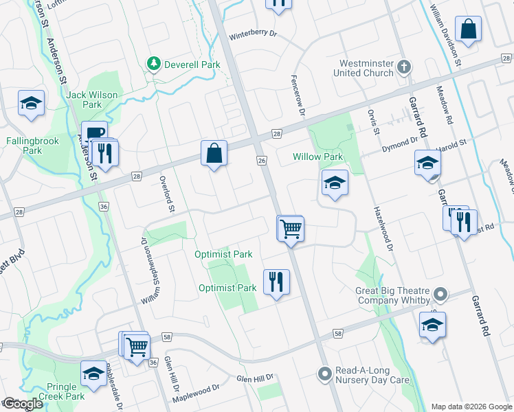 map of restaurants, bars, coffee shops, grocery stores, and more near 133 William Stephenson Drive in Whitby