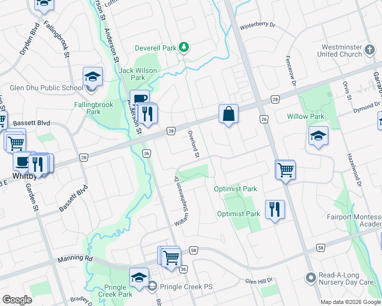 map of restaurants, bars, coffee shops, grocery stores, and more near in Whitby