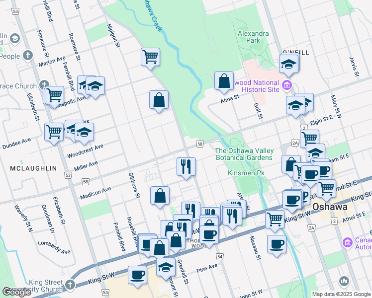 map of restaurants, bars, coffee shops, grocery stores, and more near Adelaide Ave W & Park Rd N in Oshawa