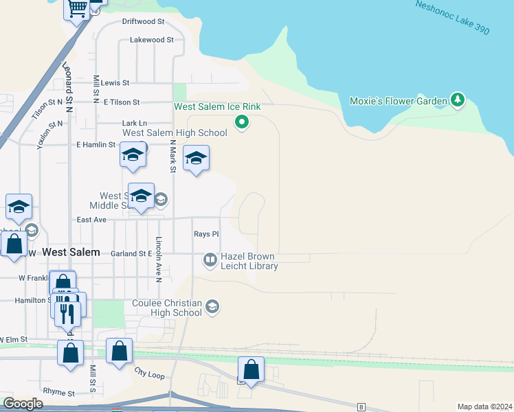 map of restaurants, bars, coffee shops, grocery stores, and more near 902 Garland Street East in West Salem