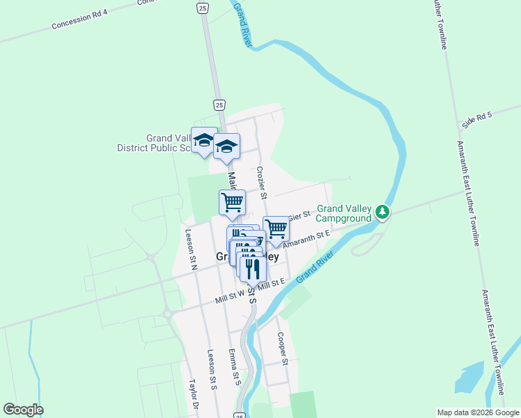 map of restaurants, bars, coffee shops, grocery stores, and more near 52 Crozier Street in Grand Valley