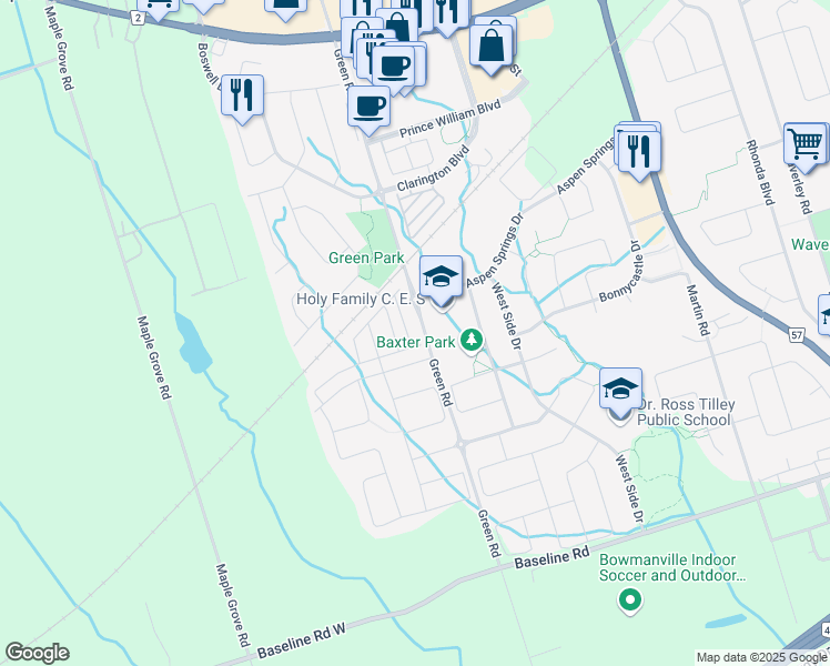 map of restaurants, bars, coffee shops, grocery stores, and more near 1 Sidney Lane in Bowmanville