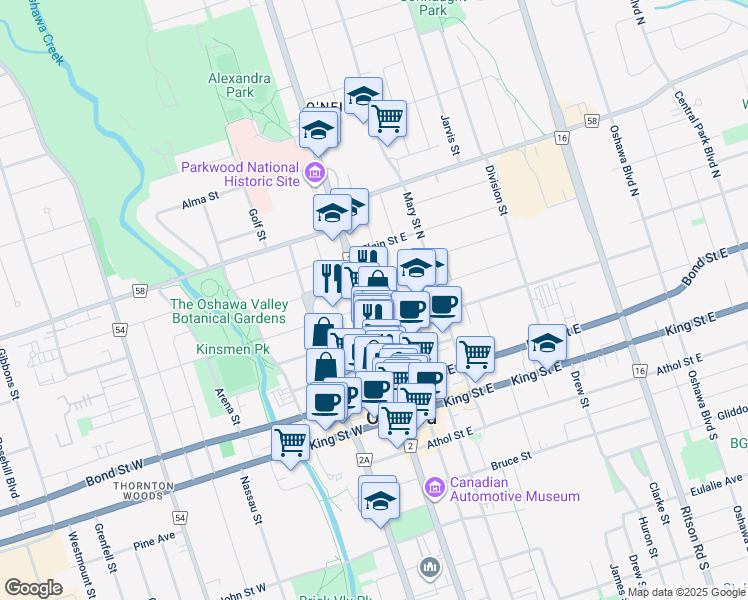 map of restaurants, bars, coffee shops, grocery stores, and more near 122 Durham Regional Road 2 in Oshawa