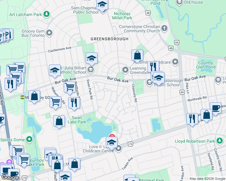 map of restaurants, bars, coffee shops, grocery stores, and more near 52 Oasis Way in Markham