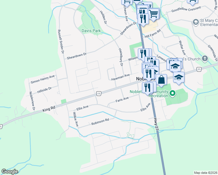 map of restaurants, bars, coffee shops, grocery stores, and more near 101 Hawman Avenue in Nobleton