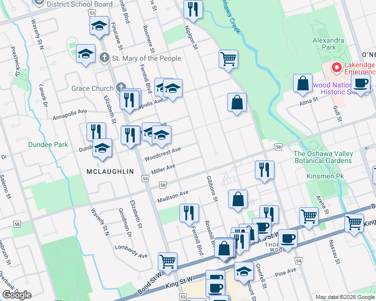 map of restaurants, bars, coffee shops, grocery stores, and more near 427 Woodcrest Avenue in Oshawa