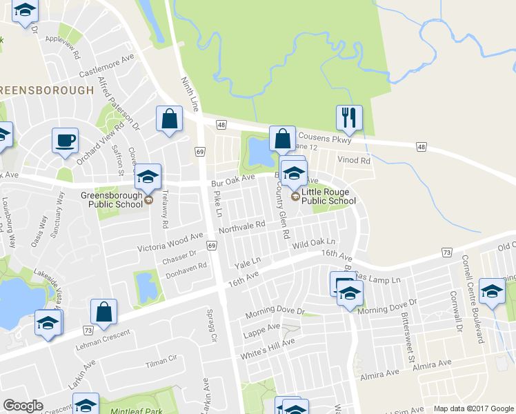 map of restaurants, bars, coffee shops, grocery stores, and more near 34 Evaridge Drive in Markham
