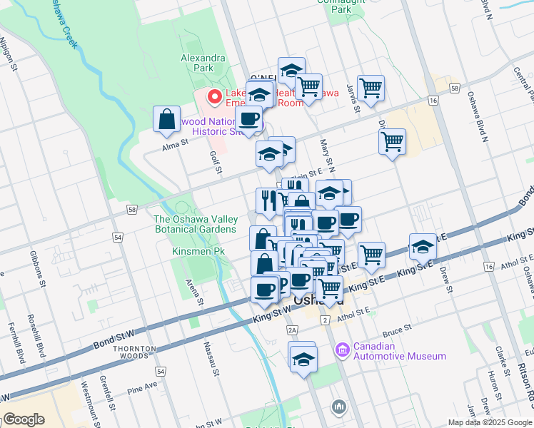 map of restaurants, bars, coffee shops, grocery stores, and more near 150 Prince Street in Oshawa