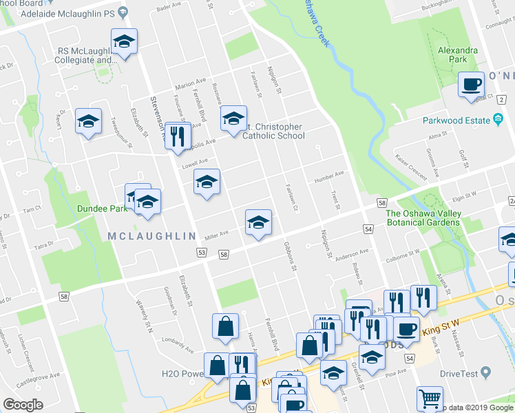 map of restaurants, bars, coffee shops, grocery stores, and more near 298 Gibbons Street in Oshawa