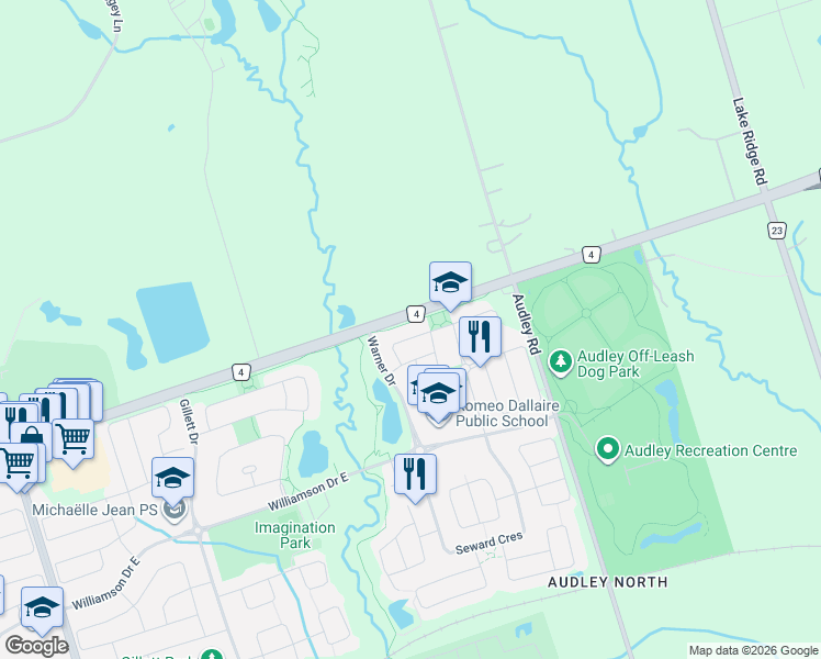 map of restaurants, bars, coffee shops, grocery stores, and more near 34 Tansley Crescent in Ajax