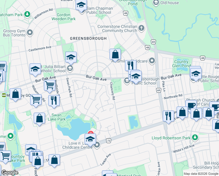 map of restaurants, bars, coffee shops, grocery stores, and more near 63 Bur Oak Avenue in Markham