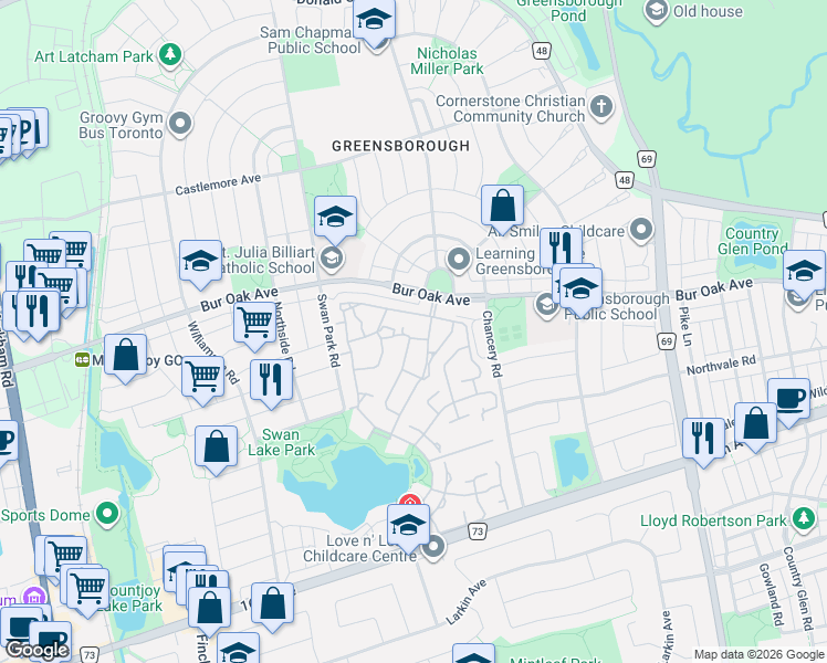 map of restaurants, bars, coffee shops, grocery stores, and more near 52 Oasis Way in Markham