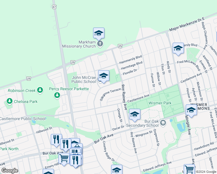 map of restaurants, bars, coffee shops, grocery stores, and more near 554 Fred McLaren Boulevard in Markham