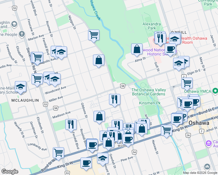 map of restaurants, bars, coffee shops, grocery stores, and more near 284 Adelaide Avenue West in Oshawa