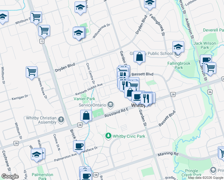 map of restaurants, bars, coffee shops, grocery stores, and more near 21 Yewtree Way in Whitby