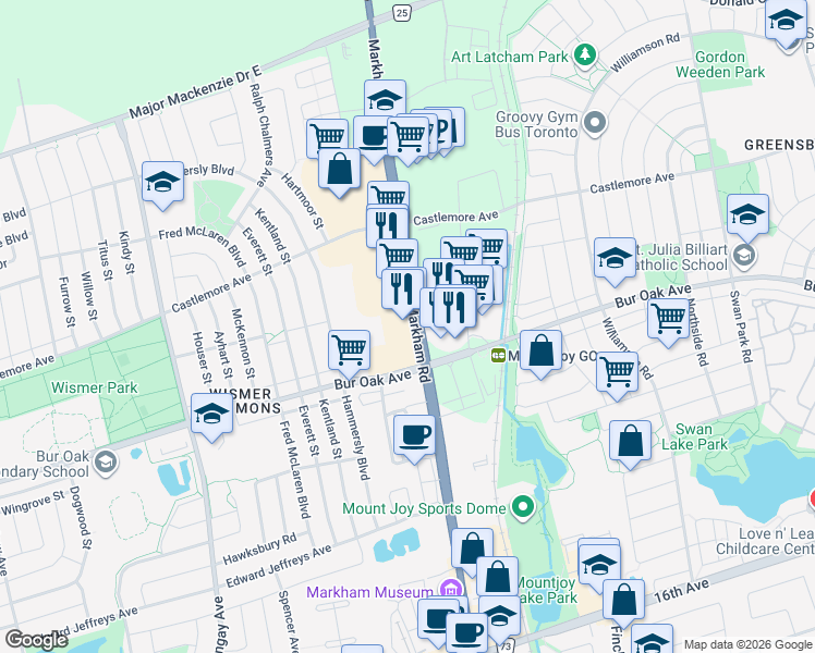 map of restaurants, bars, coffee shops, grocery stores, and more near 9670 York Regional Road 68 in Markham