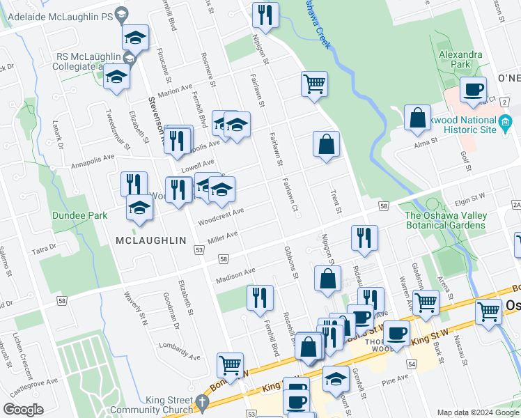 map of restaurants, bars, coffee shops, grocery stores, and more near 421 Woodcrest Avenue in Oshawa