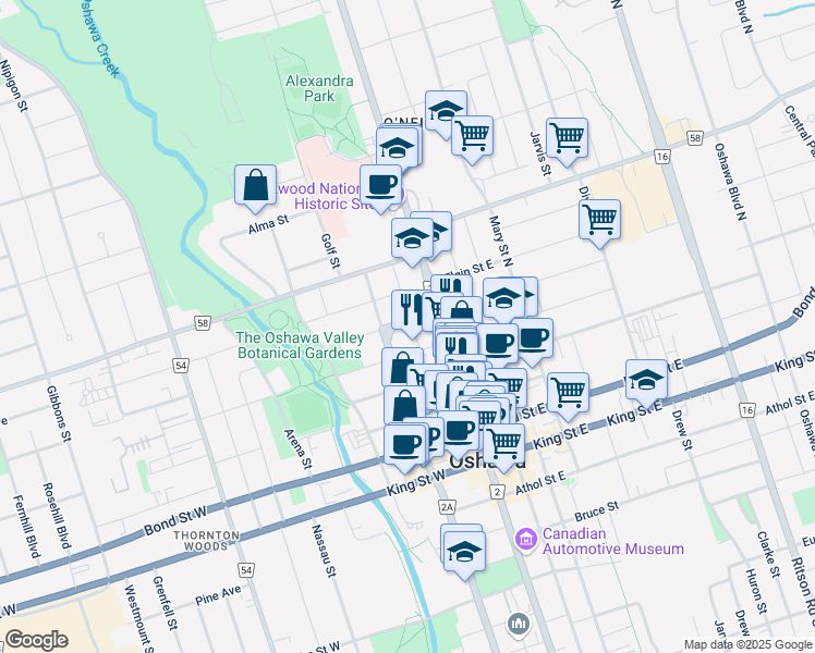 map of restaurants, bars, coffee shops, grocery stores, and more near 33 Brock Street West in Oshawa