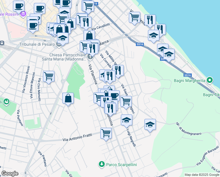 map of restaurants, bars, coffee shops, grocery stores, and more near 5 Via Giannetto Dini in Pesaro