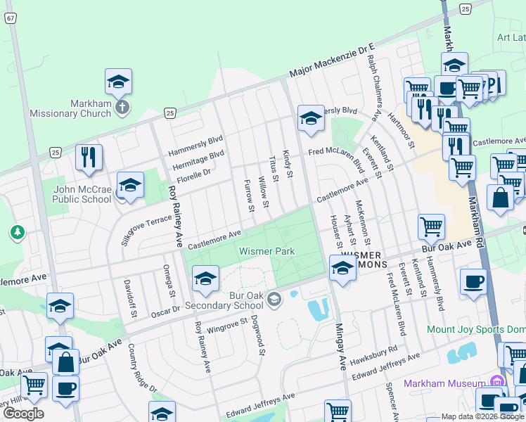 map of restaurants, bars, coffee shops, grocery stores, and more near 4 Willow Street in Markham