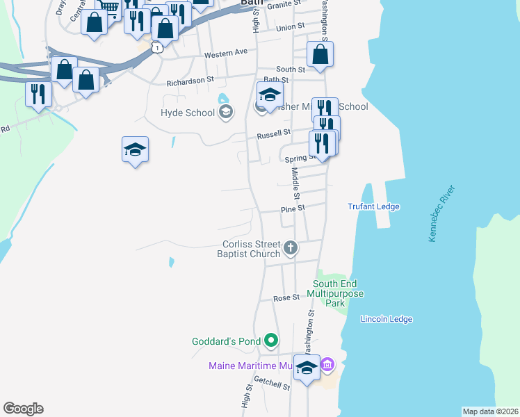 map of restaurants, bars, coffee shops, grocery stores, and more near 468 High Street in Bath