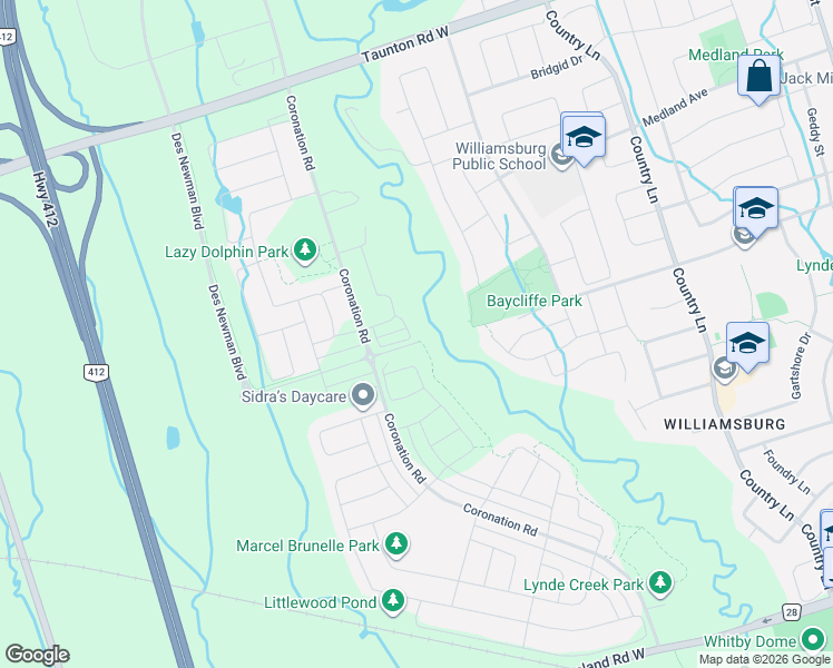 map of restaurants, bars, coffee shops, grocery stores, and more near 53 Upper Paradise Wy in Whitby