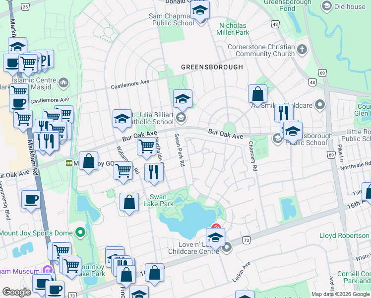 map of restaurants, bars, coffee shops, grocery stores, and more near 1 Althorp Way in Markham
